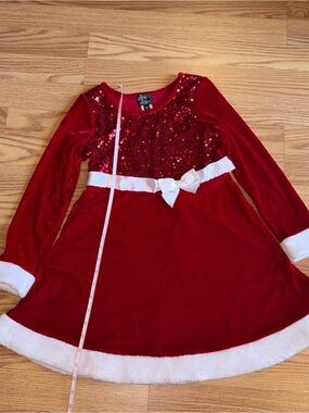 Pink & Violet Red Sequin Velvet Holiday Dress with White Trim
